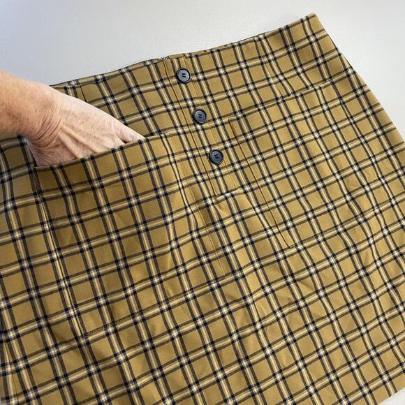LOFT Mini Skirt Womens 16 Tan Plaid Button Pockets Autumn Neutral Academia 38x20 - Picture 2 of 11